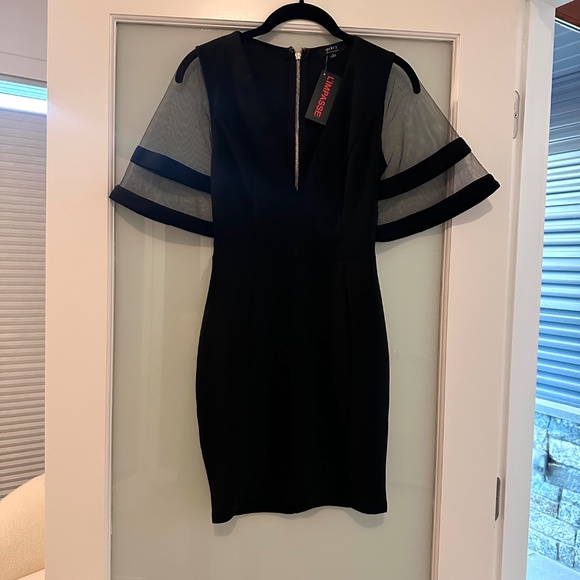Limpasse Privy NYC Black Deep V Mini Dress with Sheer Mesh Sleeves Size S - Picture 3 of 16